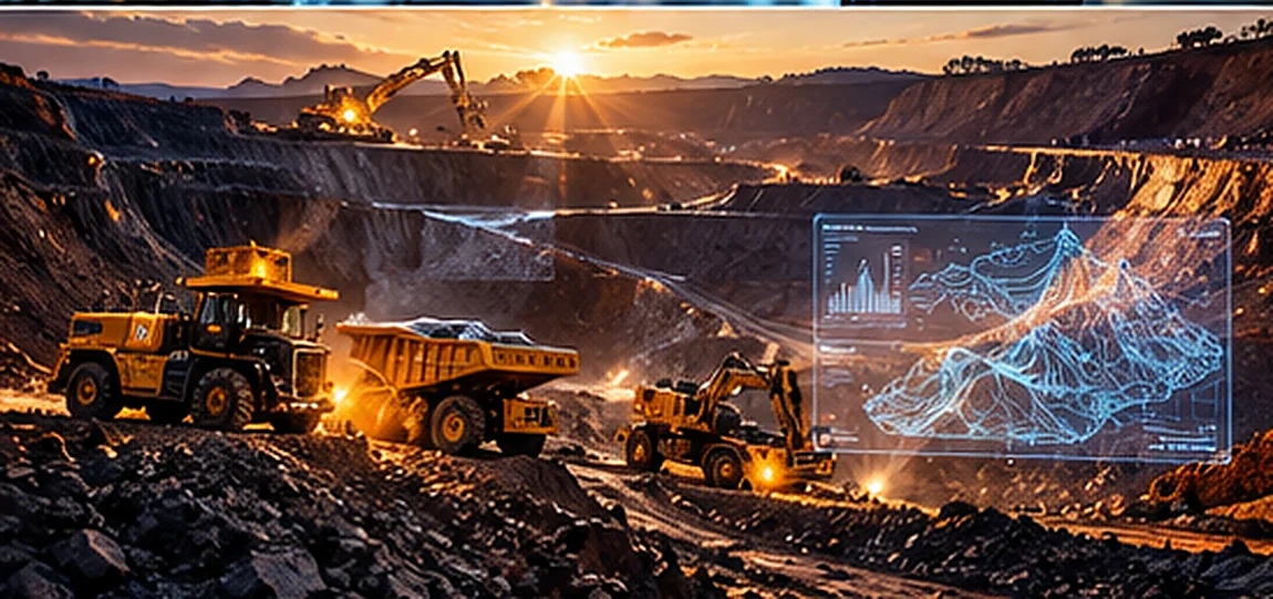 Mining operations and heavy machinery in a large open-pit mine